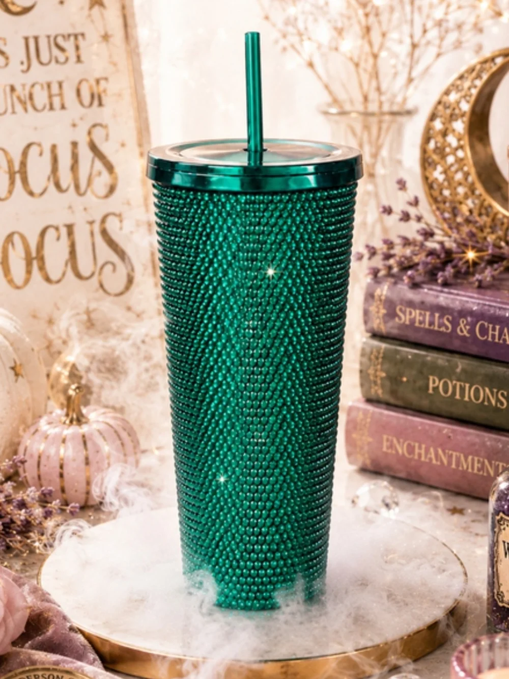 Travel Emerald Green Studded Tumbler with Straw